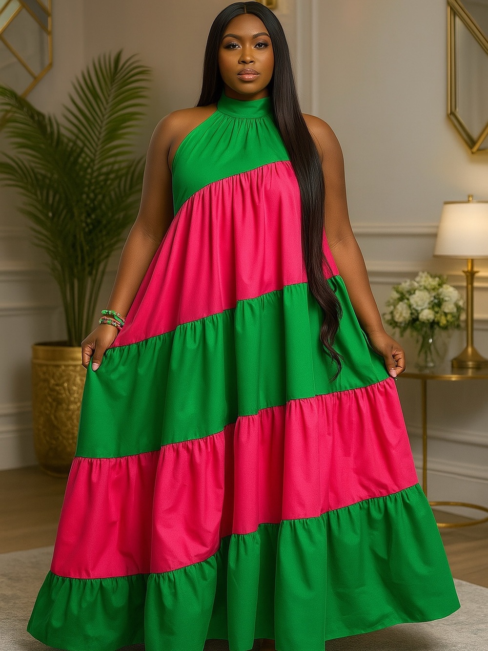 Halter-Neck Tiered Maxi Dress in Green and Pink